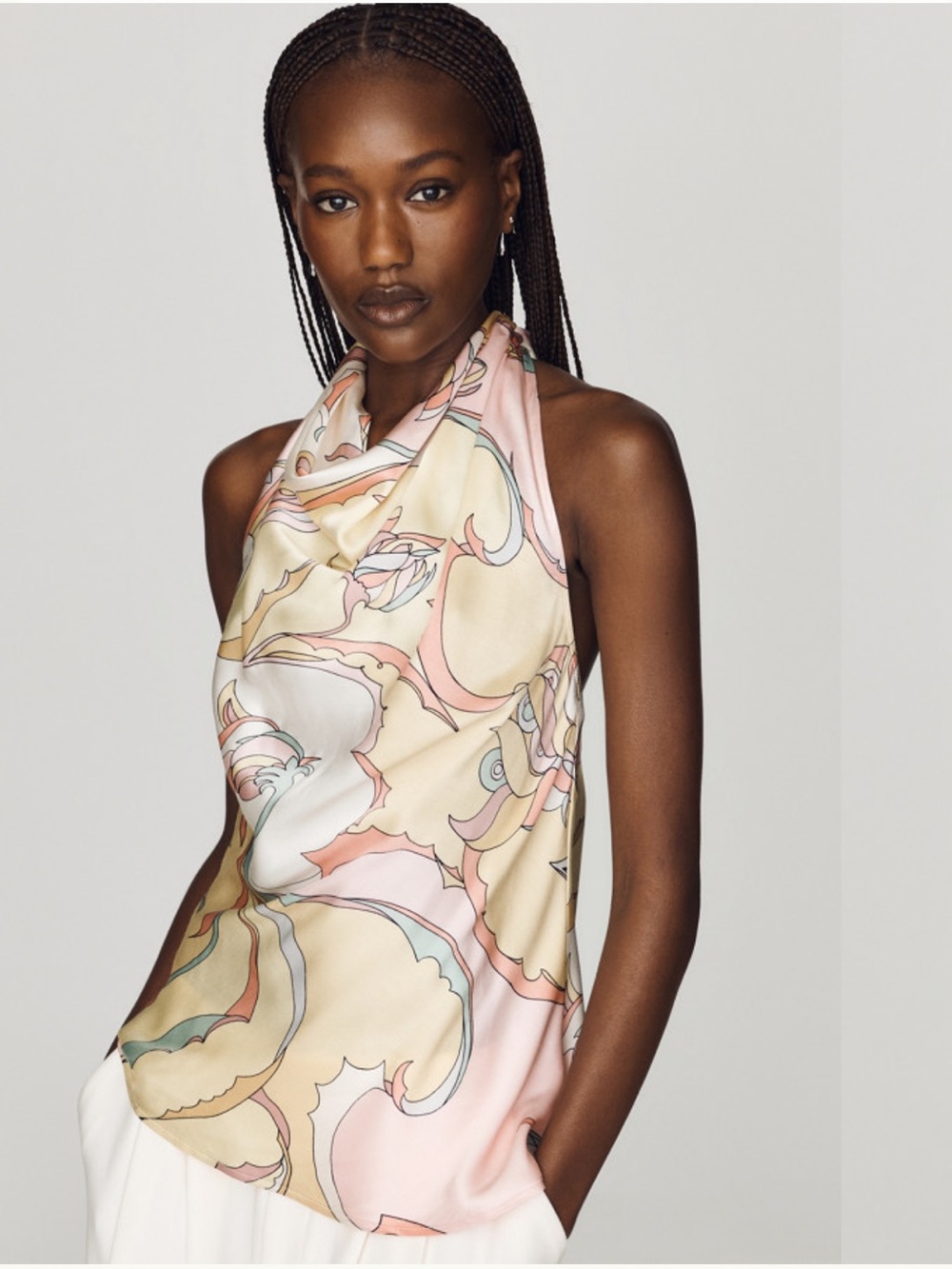 Anthropologie Pastel Pink and Yellow Silk-Feel Scarf Top with Tie Neck